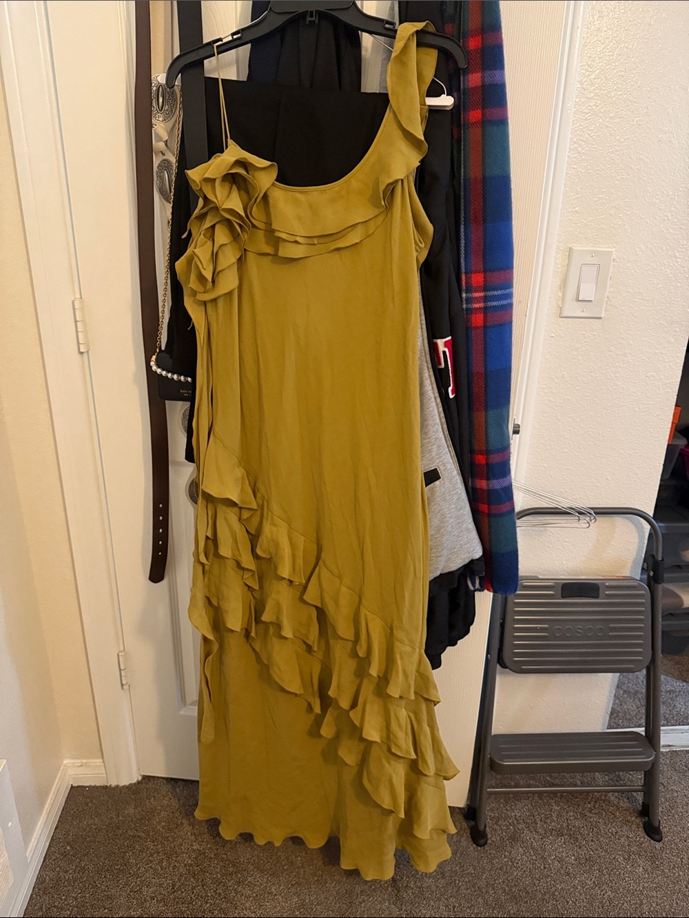 Coach Ruffled One-Shoulder Maxi Dress in Olive